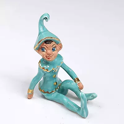 Vintage Ceramicraft Pixie Elf Peri 3  Figurine Sitting Turquoise W Gold Trim • $59.99