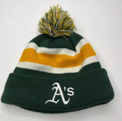 MLB Oakland Athletics 47 Brand One Size Youth Baseball Pom Beanie Green & Yellow • $7.99