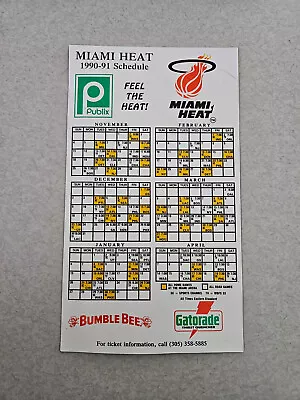 MS20 Miami Heat 1990/91 NBA Basketball Magnet Schedule - Publix • $2