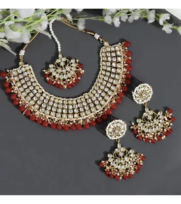 $44.99 • Buy Indian Jewellery Red Color Kundan Necklace Set(Necklace,Pair Of Earring, Bindi)