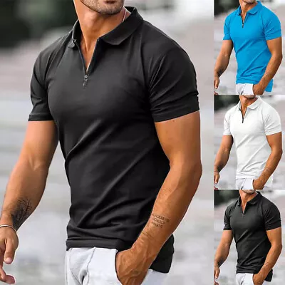 $18.33 • Buy Mens Summer Basic V-Neck Shirts Short Sleeve Golf Work Casual Tops Zip T-Shirt