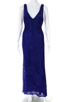 Naeem Khan Womens Back Zip Beaded Mesh Overlay Silk Long Dress Blue Size 8 • $545.01