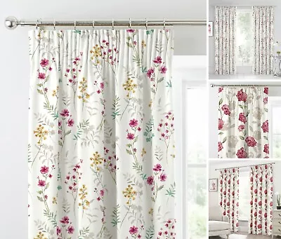 Ready Made Floral Printed Curtains Cotton Lined Pencil Pinch Pleated Curtains • £27.95