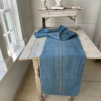 Dyed Blue Grain Sack Caramel Stripe Linen Fabric Rustic Vintage Hemp Textile  • $180