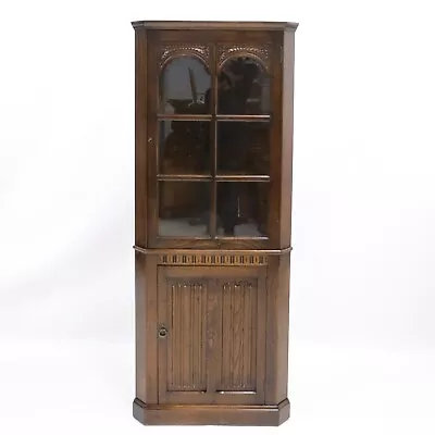 Tall Oak Corner Display Cabinet With Cupboard And Shelves FREE UK Delivery • £197