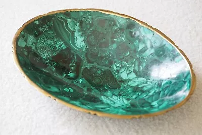 Vintage Green Malachite Gemstone 8  Trinket Jewelry Dish Bowl Fluted Brass Rim • $79