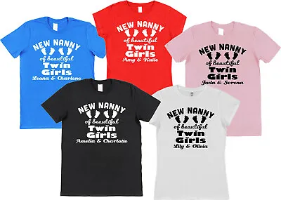 Personalised New Nanny Of Beautiful Twin Girls Nan T-Shirt Gift For Nan + Names! • $36.24