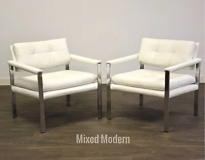 Milo Baughman Style Chrome White Leather Lounge Chairs - A Pair • $2500