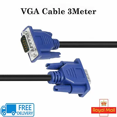 3m 15pin Male To Male Vga Metre Svga Pc Monitor Tv Lcd Plasma Led Tft Cable Lead • £2.90