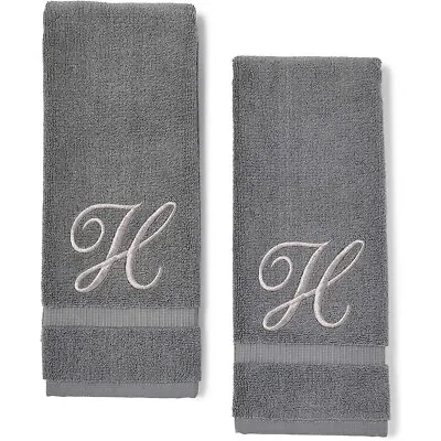 2 Pack Letter H Monogrammed Hand Towels Silver Embroidered Initial H 16x30 In • $18.99