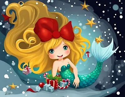 Digital Artwork On Canvas 12x12  Little Mermaid Celebrating Christmas  • $33.60