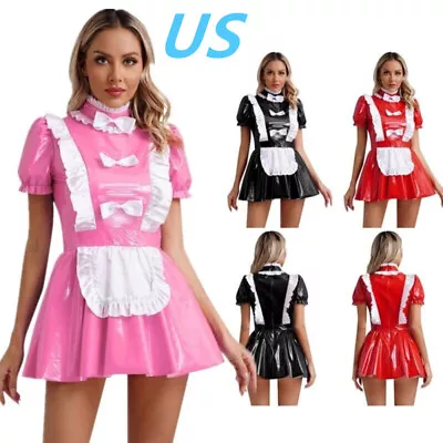 US Women's French Maid Cosplay Costume Short Puff Sleeve Mini Dress Clubwear • $6.57