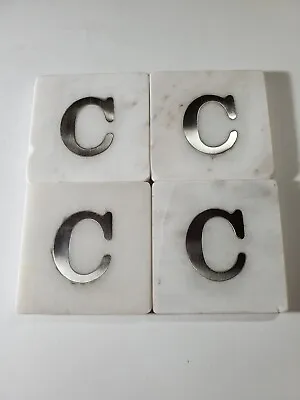 Jodhpuri Home White Marble And Steel Monogram Coasters Set Of 4  C  FLAW Read • $19.99