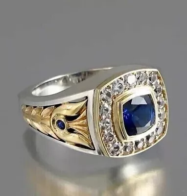 Men's 3.20CT Cushion Cut Natural Sapphire Wedding Ring 14k Real White Gold • $1387.49