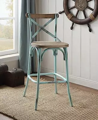 Sky Blue & Antique Oak Zaire Wooden Seat Counter Bar Stool Antique Height Chair • $132.99