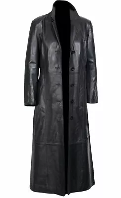 Leather Trench Coat Black Long Coat For Men Genuine Lambskin Full Length Jacket • $159.92