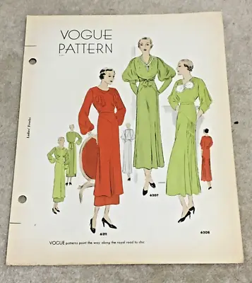 VNTG C1930's ONE PAGE VOGUE SEWING PATTERN FROM LARGER BOOK  3 LADIES DRESSES • $10.99