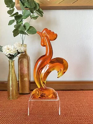 Vintage MCM Viking Glass Persimmon Orange Kellogg Rooster 9.5” Tall Bird Animal • $150
