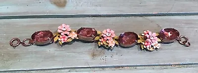 Vintage Pink Rhinestone And Enamel Pink Flowers Bracelet 6.5” • $18