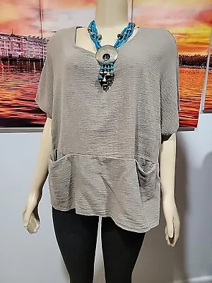 Nina Kendosa Paris Made In Italy Gray Short Sleeve Pockets Tunic Top #C • $39.10