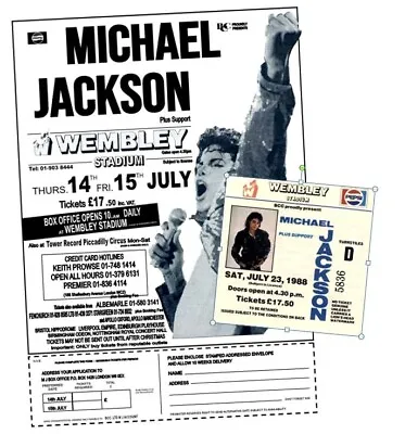 1988 Michael Jackson Poster BAD Tour + Ticket RePrint  A4 • £9.95