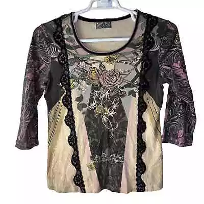 VTG Vanilla Sugar Shirt Women's Medium Y2K Floral Lace Rhinestones Art Lagenlook • $14.99