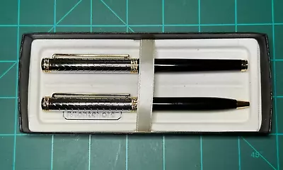 Set Of Two Montefiore Chrome & Black Ball Point Pens With Gold Accent Bands • $14.99