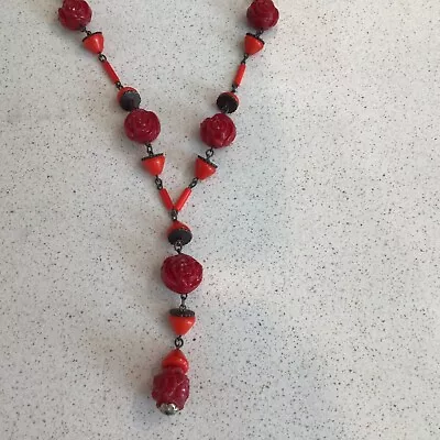 Vintage Coral And Red Flower Chain Necklace • $4.49