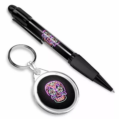 Pen & Keyring (Round) - Fun Neon Sugar Skull Mexican #3943 • £6.99