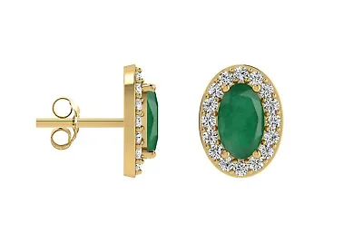 Oval Cut Zambian Emerald Earrings 14k Real Gold Diamond Halo Studs Birthday Gift • $386.06