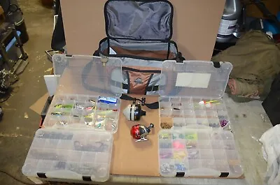 FISHING LURE LOT! Okeechobee Fats TACKLE BOX With Lures Worms Hooks & Reels • $99.99