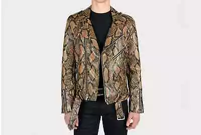 Men's Brown Exotic Snake Python Texture Leather Jacket Biker Motorcycle Jacket • $344