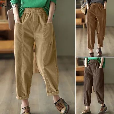 8-24 Women Elastic Waist Corduroy Long Pants Casual Loose Harem Trousers Bottoms • $28.20