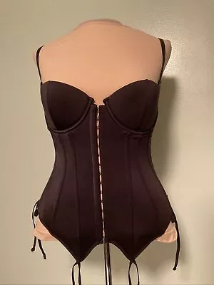 Vintage Victoria’s Secret Black Nylon Bustier 36B Lace Up Sides Back  Hook Front • $24.99