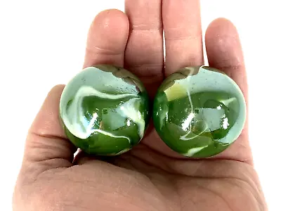 2 MAMMOTH 42mm FUNGUS Marbles 1 5/8  Glass Ball Green White Iridescent LARGE • $9.95