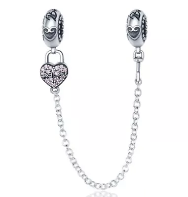 Enchanted Heart Safety Chain Charm Bead For Bracelet S925 Sterling Silver • £10.99