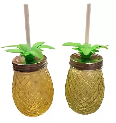 Set Of 2 Pineapple Shaped Glass Drinking Mason Jar Tumbler Yellow & Green Adults • $16.75