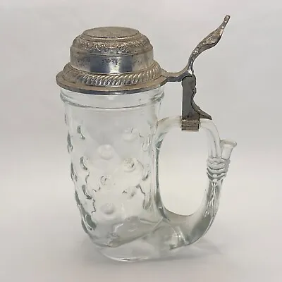 Hobnail Glass Viking Horn Beer Stein With Pewter Lid BMF N Made In West Germany • $26.12