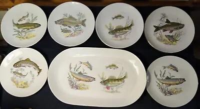 Vintage Kahla East German Fish Pattern Oval 14-1/2  Platter W/Six 7-1/2  Plates • $94.99