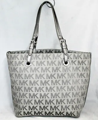 MICHAEL KORS Jet Set Signature Grab Bag Tote Silver Jacquard & Lthr 38S1YTTT4J • $78