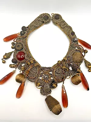 Vintage Antique Boho Bib Collar Necklace Hanging Crystals Hand Beaded Collar 19  • $80