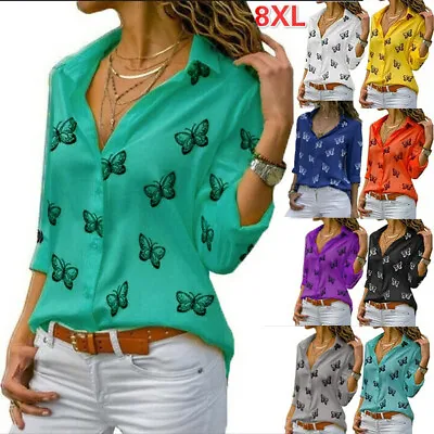 Womens Long Sleeve Casual Button Shirts Tops Ladies Plus Size Butterfly Blouse • £11.99