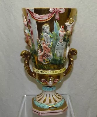 Vtg Capodimonte Italy Ceramic Chalice Footed Vase Relief Putti Cherub Fauns Gold • $85