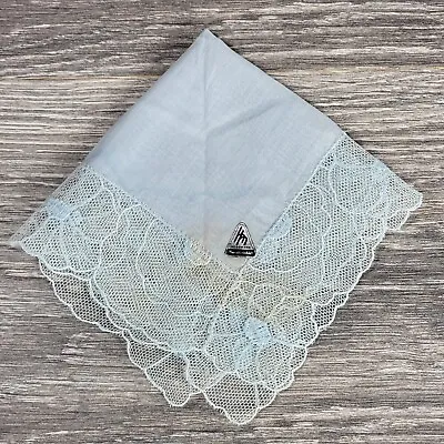 Vintage Herrmann Handkerchief Blue With Scalloped Laced Edges W/label Hankie VTG • £8.54