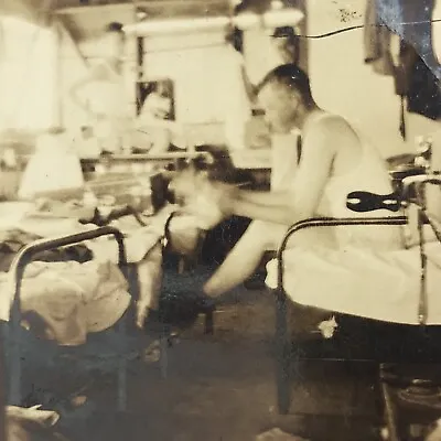 Vintage Sepia Photo Our Bunk House Young Man Sitting Beds Cots Military • $6.69