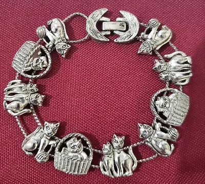 Vintage Sliding Silver Tone Cat Kittens Charm Bracelet For Cat Lovers Super Cute • $18.99