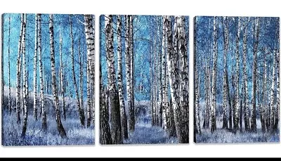 BARSSETEL 3 Piece Canvas Wall Art White Birch Trees In Blue (Jn88) • $20