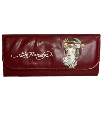 Ed Hardy Geisha Girl Wristlet Clutch Bag Purse 12” Silver Chain Classic Red • $24.99