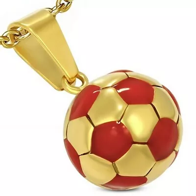 Stainless Steel Yellow Gold-Tone Black Soccer Ball Pendant Necklace • $17.99