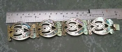 Vintage Mexico Silver Abalone Modernist Panel Link Bracelet 7 1/2  X 1 3/8  Wide • $30.79